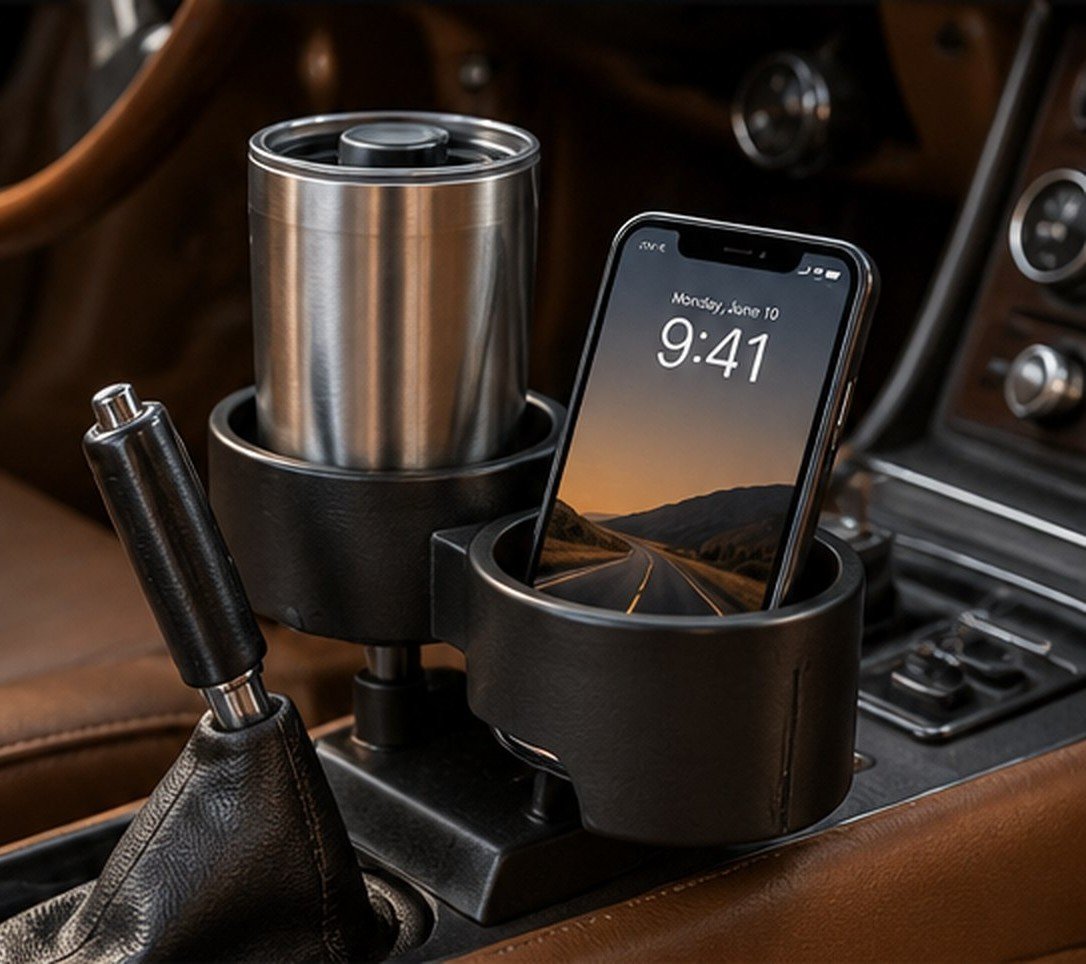 Illustration of a classic car interior with a modular holder